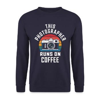 This photographer is running on Coffee Camera Retro - Unisex Sweatshirt - navy - Front - Alina (178cm) & Michal (187cm)