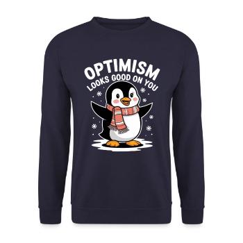 L’optimisme vous fait du bien Pingouin Hiver - Sweat-shirt Unisexe - marine - Devant - Alina (178cm) & Michal (187cm)