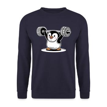 Penguin Lifting Weight Funny Sport Cartoon - Unisex Sweatshirt - navy - Front - Alina (178cm) & Michal (187cm)