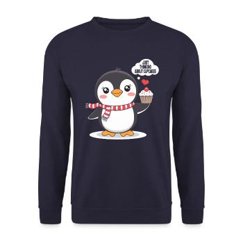 Pinguin Denkt An Cupcakes Süßes Motiv - Unisex Pullover - Navy - Vorne - Alina (178cm) & Michal (187cm)