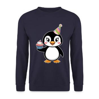 Pingouin d’anniversaire mignon avec chapeau de fête - Sweat-shirt Unisexe - marine - Devant - Alina (178cm) & Michal (187cm)