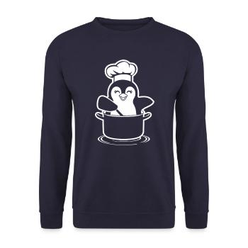 Fröhlicher Kochpinguin in Kochtopf - Unisex Pullover - Navy - Vorne - Alina (178cm) & Michal (187cm)
