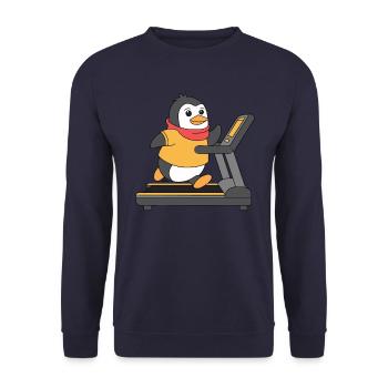 Lustiger Pinguin Beim Laufen Auf Laufband - Unisex Pullover - Navy - Vorne - Alina (178cm) & Michal (187cm)