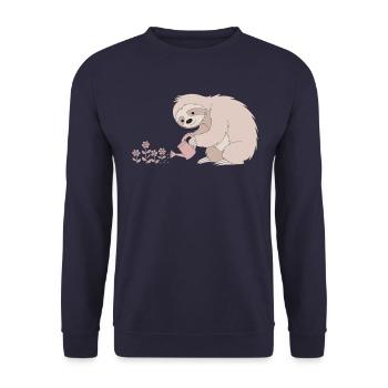 Gärtner Faultier Mit Gießkanne Und Blumen - Unisex Pullover - Navy - Vorne - Alina (178cm) & Michal (187cm)