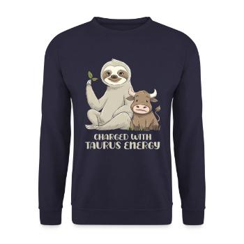 Taurus Tierkreis Faultier Mit Aufgeladener Energie - Unisex Pullover - Navy - Vorne - Alina (178cm) & Michal (187cm)