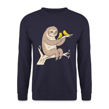 Cozy sloth with birds illustration - Unisex Sweatshirt - navy - Front - Alina (178cm) & Michal (187cm)