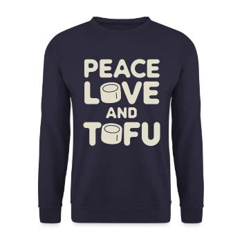 Frieden Liebe Und Tofu Vegan Vegetarisch - Unisex Pullover - Navy - Vorne - Alina (178cm) & Michal (187cm)