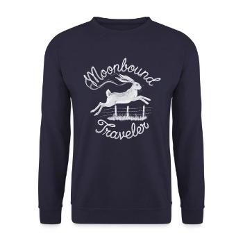 Moonbound Traveler Hase im Sprung - Unisex Pullover - Navy - Vorne - Alina (178cm) & Michal (187cm)