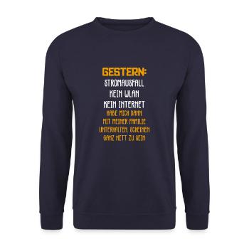 Gestern: Stromausfall Kein WLAN Kein Internet - Unisex Pullover - Navy - Vorne - Alina (178cm) & Michal (187cm)