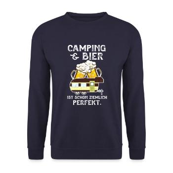 Camping Bier Zelten Lagerfeuer Geschenk Camper - Unisex Pullover - Navy - Vorne - Alina (178cm) & Michal (187cm)