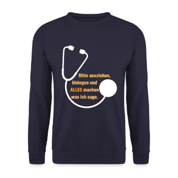 Bitte Ausziehen Lustiger Spruch Arzt Doc Geschenk - Unisex Pullover - Navy - Vorne - Alina (178cm) & Michal (187cm)