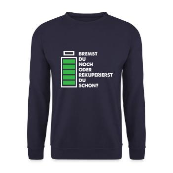 Elektroauto E-Auto Akku Rekuperieren Geschenk - Unisex Pullover - Navy - Vorne - Alina (178cm) & Michal (187cm)