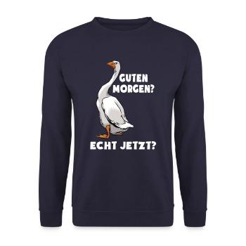 Guten Morgen - Morgenmuffel - lustige Gans - Unisex Pullover - Navy - Vorne - Alina (178cm) & Michal (187cm)