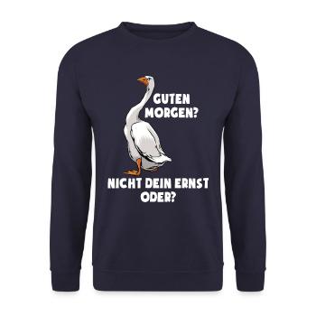 Guten Morgen - Morgenmuffel - lustige Gans - Unisex Pullover - Navy - Vorne - Alina (178cm) & Michal (187cm)