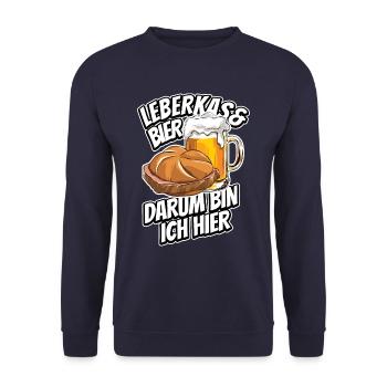 Leberkas & Bier darum bin ich hier - Spruch - Unisex Pullover - Navy - Vorne - Alina (178cm) & Michal (187cm)
