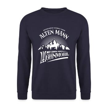 Alter Mann mit Wohnmobil - Camping - Spruch - Unisex Pullover - Navy - Vorne - Alina (178cm) & Michal (187cm)