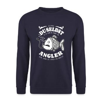 Sei immer du selbst - Angler - Spruch - Unisex Pullover - Navy - Vorne - Alina (178cm) & Michal (187cm)