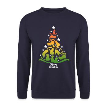 Meowy Christmas - Katze - Weihnachtsbaum Geschenk - Unisex Pullover - Navy - Vorne - Alina (178cm) & Michal (187cm)
