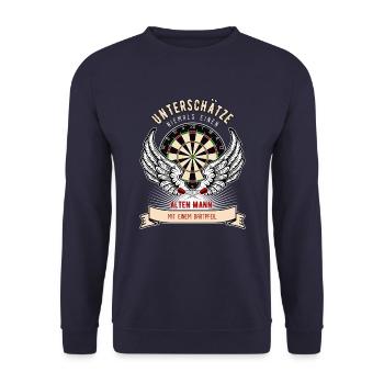 Unterschätze nie einen alten Mann Darts Dartpfeil - Unisex Pullover - Navy - Vorne - Alina (178cm) & Michal (187cm)