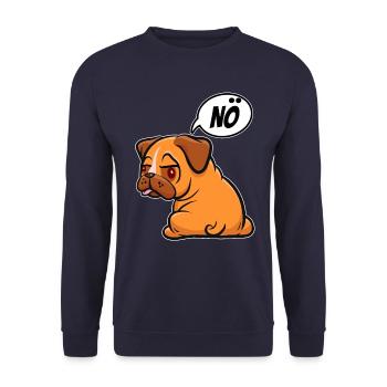 Nö, ich muss garnix - Mops - Spruch - Unisex Pullover - Navy - Vorne - Alina (178cm) & Michal (187cm)