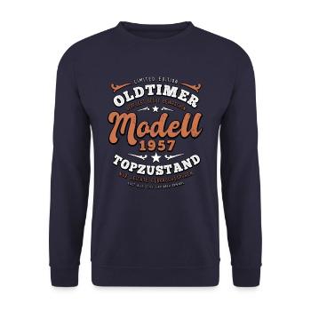 Oldtimer Modell 1957 - Geburtstag - Jahrgang - Unisex Pullover - Navy - Vorne - Alina (178cm) & Michal (187cm)
