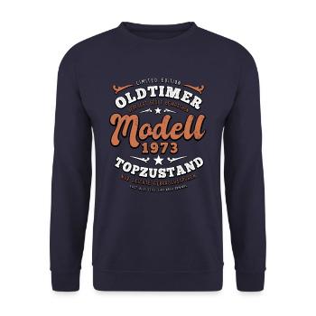Oldtimer Modell 1973 - Geburtstag - Jahrgang - Unisex Pullover - Navy - Vorne - Alina (178cm) & Michal (187cm)