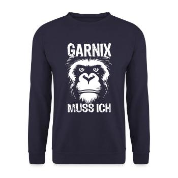 Nein, ich muss garnichts - Affe - Spruch - Unisex Pullover - Navy - Vorne - Alina (178cm) & Michal (187cm)