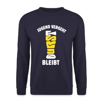 Jugend vergeht Durst bleibt - Bier trinken- Spruch - Unisex Pullover - Navy - Vorne - Alina (178cm) & Michal (187cm)