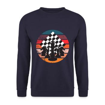 Retro Schachfiguren Schach Schachbrett - Unisex Pullover - Navy - Vorne - Alina (178cm) & Michal (187cm)