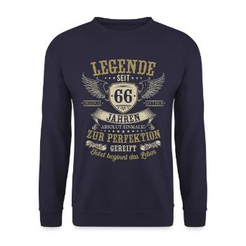 66 Geburtstag Legende Geburtstagsspruch 66 Jahre - Unisex Pullover - Navy - Vorne - Alina (178cm) & Michal (187cm)