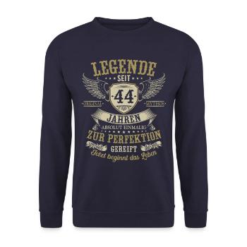 44 Geburtstag Legende Geburtstagsspruch 44 Jahre - Unisex Pullover - Navy - Vorne - Alina (178cm) & Michal (187cm)