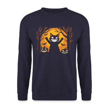 Halloween Cat - Pumpkin - Creepy - Grin - Unisex Sweatshirt - navy - Front - Alina (178cm) & Michal (187cm)