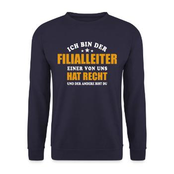 Ich bin der Filialleiter - einer von uns hat Recht - Unisex Pullover - Navy - Vorne - Alina (178cm) & Michal (187cm)