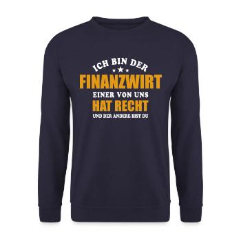 Ich bin der Finanzwirt - einer von uns hat Recht - Unisex Pullover - Navy - Vorne - Alina (178cm) & Michal (187cm)