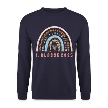 Bye Bye Kindergarten, 1. Klasse 2025, Einschulung - Unisex Pullover - Navy - Vorne - Alina (178cm) & Michal (187cm)