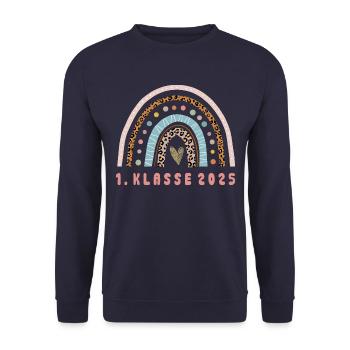 1. Klasse 2025, Einschulung, Schulkind - Unisex Pullover - Navy - Vorne - Alina (178cm) & Michal (187cm)