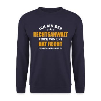 Ich bin der Rechtsanwalt - einer von uns hat Recht - Unisex Pullover - Navy - Vorne - Alina (178cm) & Michal (187cm)