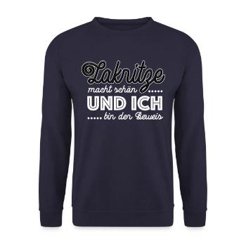 Lakritze macht schön, Lakritze naschen - Spruch - Unisex Pullover - Navy - Vorne - Alina (178cm) & Michal (187cm)