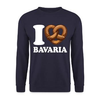 I Love Bavaria Brezel - Herz - Spruch - Unisex Pullover - Navy - Vorne - Alina (178cm) & Michal (187cm)