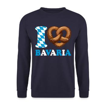I Love Bavaria Brezel - Herz - Spruch - Unisex Pullover - Navy - Vorne - Alina (178cm) & Michal (187cm)