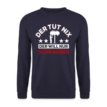 Der tut nix der will nur schrauben - Spruch - Unisex Pullover - Navy - Vorne - Alina (178cm) & Michal (187cm)