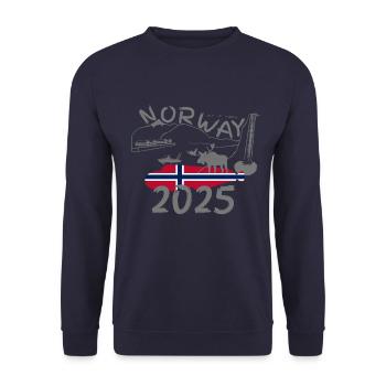 Norwegen 2025 Steinbeisser mit Bergen Elch Angeln - Unisex Pullover - Navy - Vorne - Alina (178cm) & Michal (187cm)