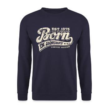 Born in January 1975 - Geburtstag - Geschenk - Unisex Pullover - Navy - Vorne - Alina (178cm) & Michal (187cm)
