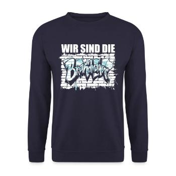 Wir sind die Brandmauer, Gegen Rechts, gegen Hetze - Unisex Pullover - Navy - Vorne - Alina (178cm) & Michal (187cm)