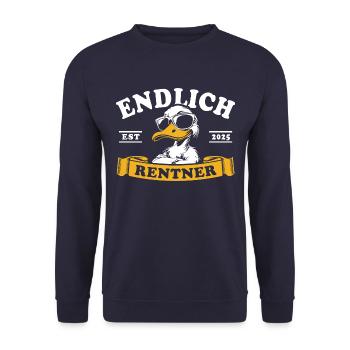 Endlich Rentner Est. 2025 Ente - Ruhestand - Ente - Unisex Pullover - Navy - Vorne - Alina (178cm) & Michal (187cm)