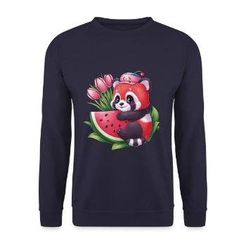 Roter Kawaii Panda mit Melonen und Tulpen - Unisex Pullover - Navy - Vorne - Alina (178cm) & Michal (187cm)