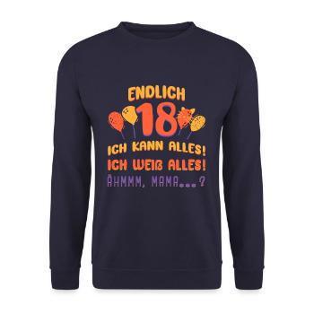 18. Geburtstag Geschenk - lustiger Spruch Achtzehn - Unisex Pullover - Navy - Vorne - Alina (178cm) & Michal (187cm)