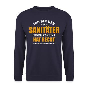 Ich bin der Sanitäter - einer von uns hat Recht - Unisex Pullover - Navy - Vorne - Alina (178cm) & Michal (187cm)