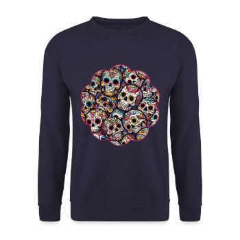 Buntes dekoratives Skullmuster - Unisex Pullover - Navy - Vorne - Alina (178cm) & Michal (187cm)
