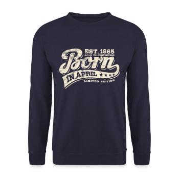 Born in April 1965 - Geburtstag - Geschenk - Unisex Pullover - Navy - Vorne - Alina (178cm) & Michal (187cm)